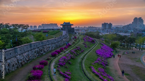 Time-Lapse Hwaseong Fortress at night in Suwon, South Korea.