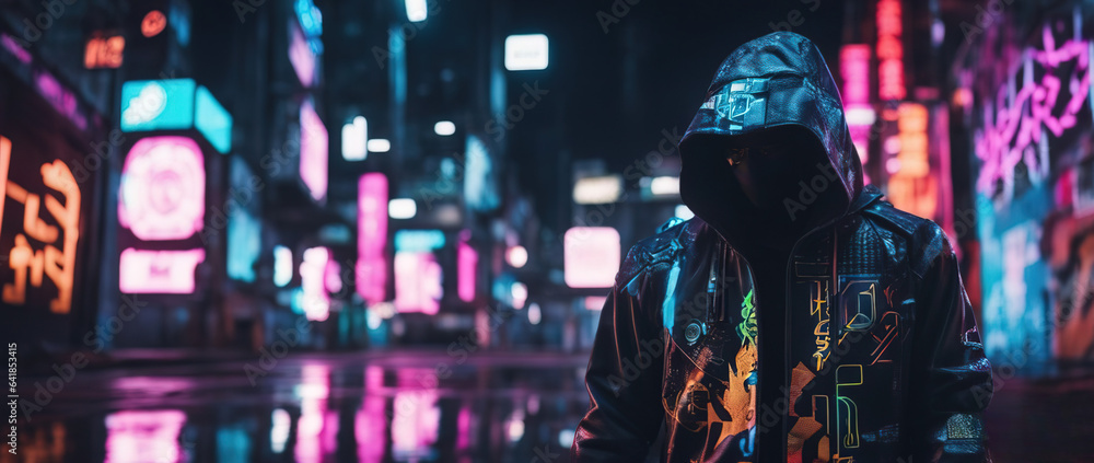 A man in a futuristic hooded jacket stands against a blurred cyberpunk city panorama background with bright neon lights.