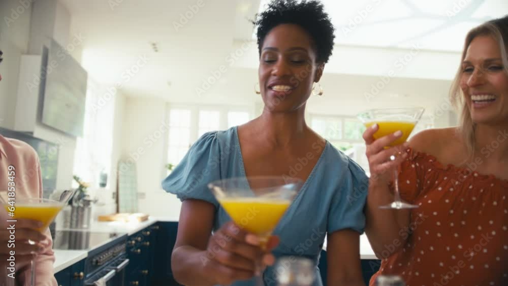 Three mature female friends at home having fun making a toast with and drinking cocktails together - shot in slow motion Three mature female friends at home having fun making a toast with and drinking cocktails together - shot in slow motion