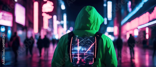 A man in a futuristic hooded jacket stands against a blurred cyberpunk city panorama background with bright neon lights.