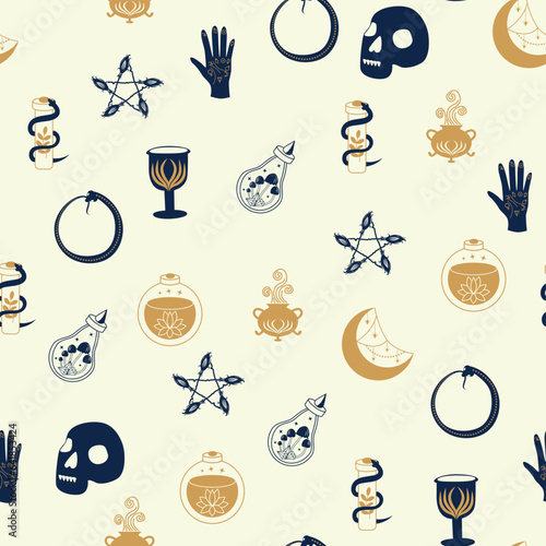 Magic and heaven seamless pattern, with magical elements such as snake, eye. Symbols and elements of the witchcraft theme.