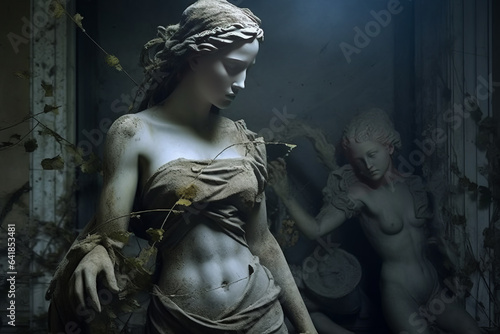 Antique statue of a woman in an abandoned house. An illustration of how merciless time is. Broken antique statue of a woman
