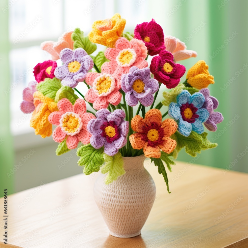 Crochet bouquet of flowers in a vase - generative AI