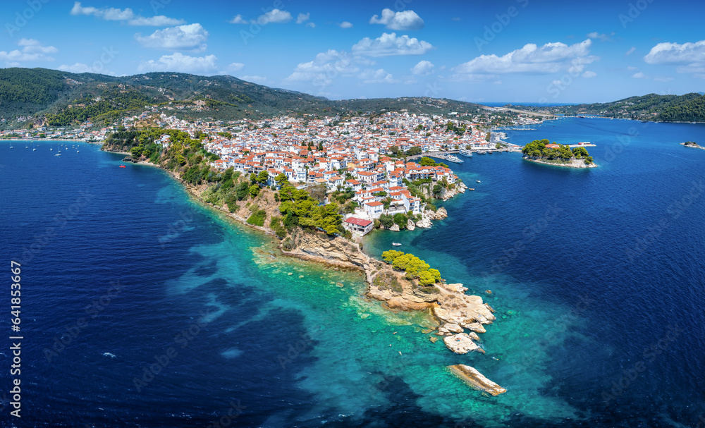 Panoramic aerial view of the town of Skiathos island, Sporades, Greece, with Bourtzi peninsula and Plakes area in front
