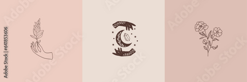 Vector set of mystical illustrations, witchy hands and crescent moon, minimal celestial and floral line art drawing, pre-made logo set