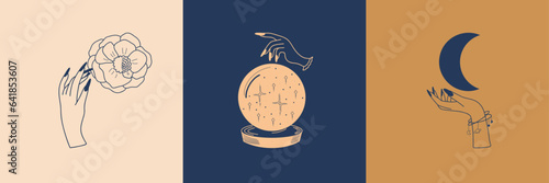 Vector set of mystical illustrations, witchy hands and crescent moon, magic crystal ball, minimal celestial and floral line art drawing, pre-made logo set