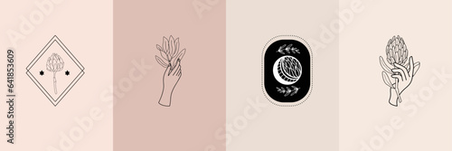 Vector set of mystical illustrations, female hands and magic flowers, minimal celestial and floral line art drawing, pre-made logo set