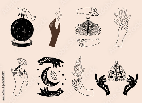 Set of mystical illustrations, magic objects, witchy hands with moon, stars, magic crystal ball, mystical moths, witchcraft symbol, witchy esoteric objects