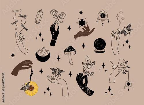 Set of mystical illustrations, magic objects, witchy hands, moon, stars, mushrooms and crystals, witchcraft symbol, witchy esoteric objects, mystical floral elements