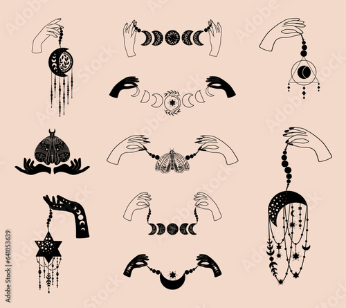 Set of mystical illustrations, magic objects, witchy hands with moon, stars, moon phases, mystical moths, witchcraft symbol, witchy esoteric objects