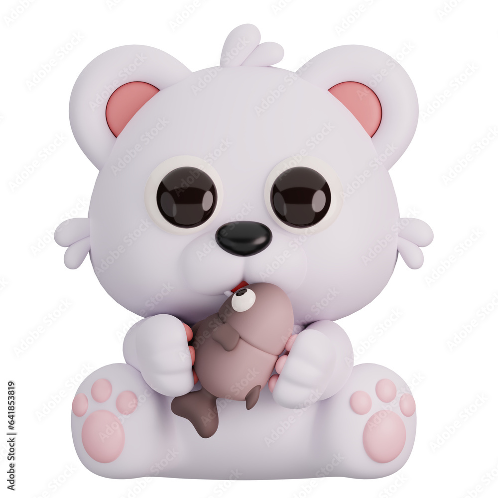 Cute Polar Bear Holding Fish Isolated. Animals and Food Icon Cartoon Style Concept. 3D Render Illustration Cute Polar Bear Holding Fish Isolated. Animals and Food Icon Cartoon Style Concept. 3D Render Illustration