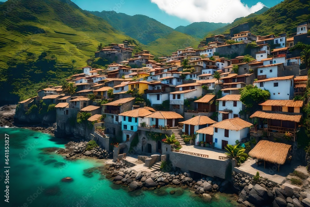 A small village in a mountainous location in front of the sea is very popular - AI Generative