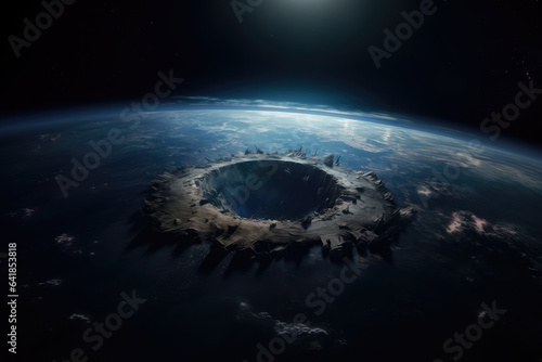 a giant impact crater viewed from space. destruction of earth. the big bang. Extinction Event photo