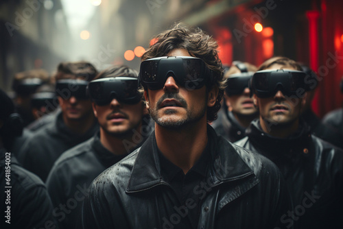 Modern technologies and futuristic life, digital addiction concept. Crowd of citizens making normal life wearing VR headset in city. People walking with virtual reality googles glasses on the street