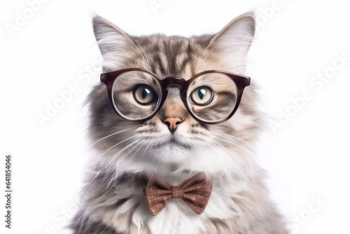Funny cat in glasses, on white background. Photo Realistic cat portrait