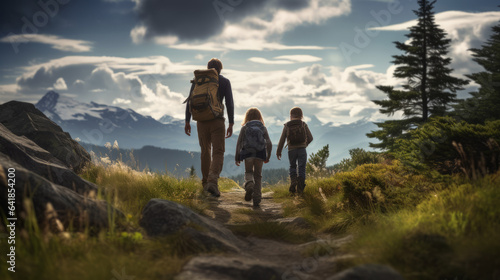 Father with daughter and son hiking in the mountains