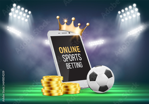 Mobile phone with gold crown, soccer ball and coins on a stadium background illuminated by spotlights. Online sports betting. Vector illustration.