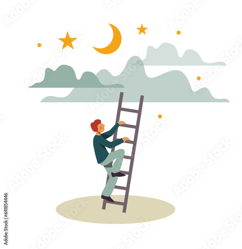 Sky is the limit. A man on a ladder. Vector illustration. Separated items on a white background. Empowerment and power.