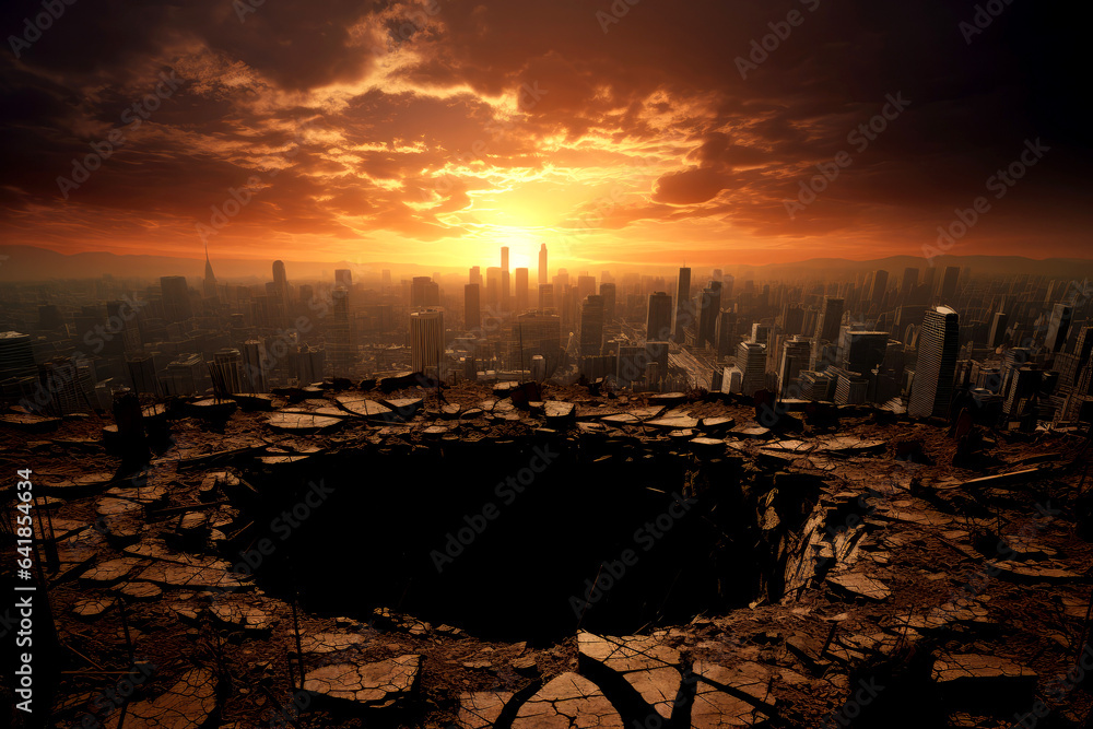 a giant crater in the center of a vast city skyline at sunset. - obrazy, fototapety, plakaty 