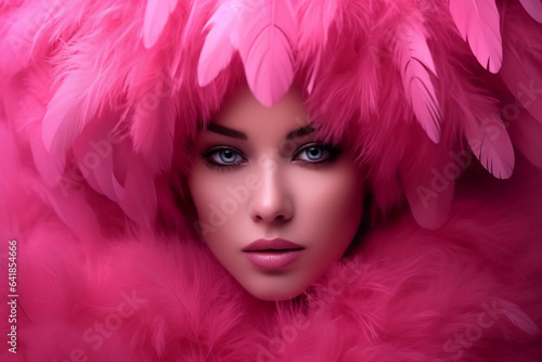 Close up fashion studio photo of an elegant woman in pink feathers