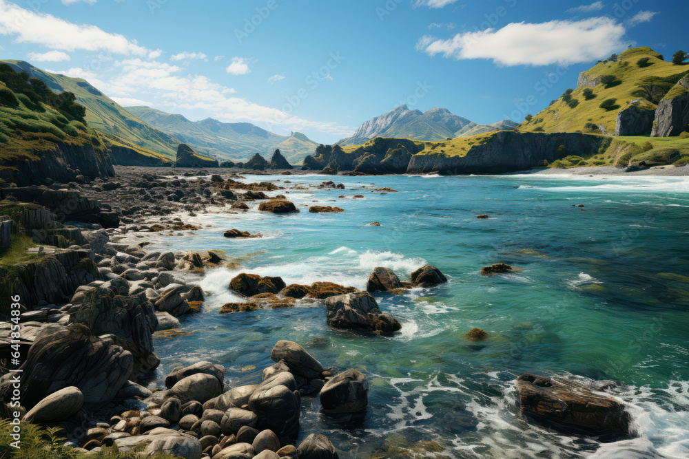 Unspoiled Seascapes. Remote coastal cove with untouched cliffs and sea stacks, showcasing the raw beauty of unaltered coastlines. Generative Ai. Unspoiled Seascapes. Remote coastal cove with untouched cliffs and sea stacks, showcasing the raw beauty of unaltered coastlines. Generative Ai.