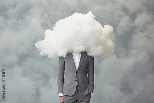 man in cloud-covered suit, character, conceit, escape from problems