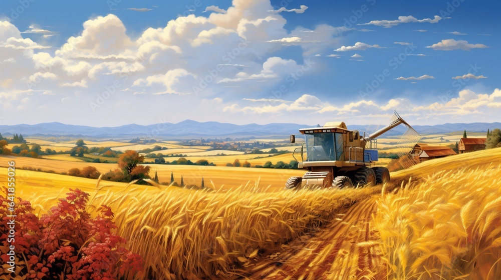 Fototapeta premium a painting of a tractor in a wheat field with mountains in the background. generative ai