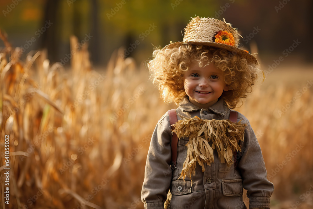 small child dressed as a scarecrow outdoors, ai generated small child dressed as a scarecrow outdoors, ai generated