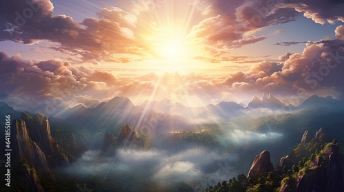  a painting of the sun rising over a mountain range in the clouds.  generative ai