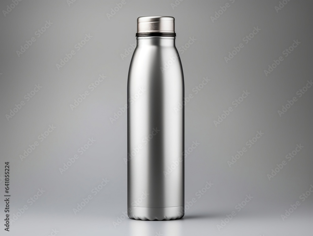 Glossy metal reusable water bottle with silver bung packaging mockup with isolated background generative ai Glossy metal reusable water bottle with silver bung packaging mockup with isolated background generative ai