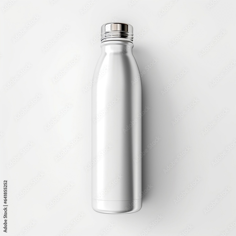 Glossy metal reusable water bottle with silver bung packaging mockup with isolated background generative ai