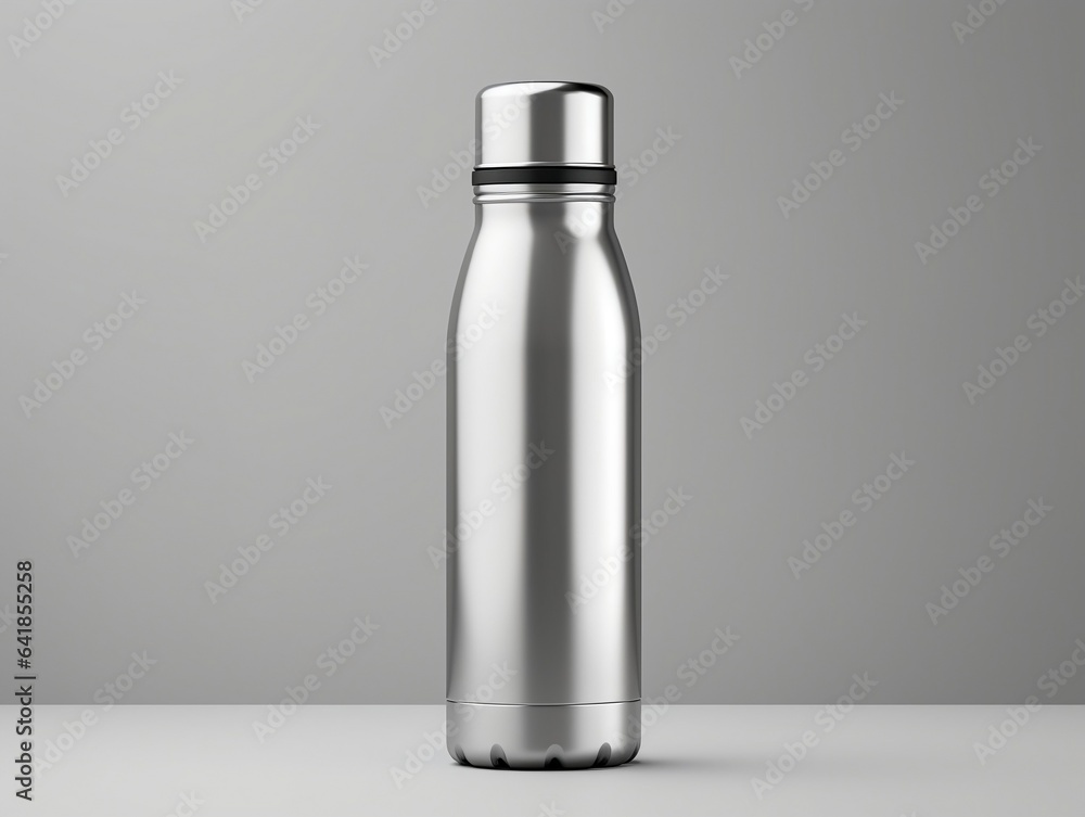 Glossy metal reusable water bottle with silver bung packaging mockup with isolated background generative ai Glossy metal reusable water bottle with silver bung packaging mockup with isolated background generative ai