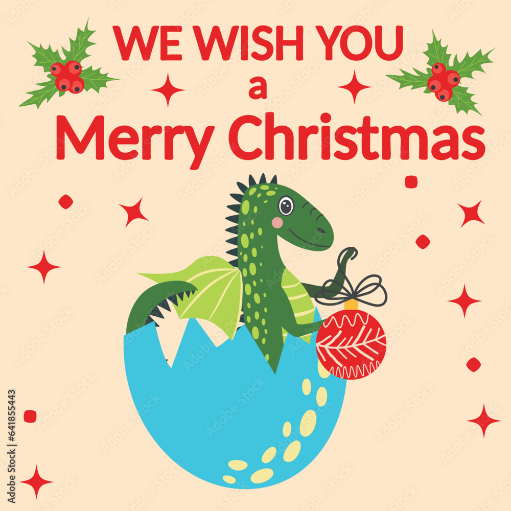 Christmas card with cute green dragon. Year of the Dragon 2024, China Christmas card with cute green dragon. Year of the Dragon 2024, China