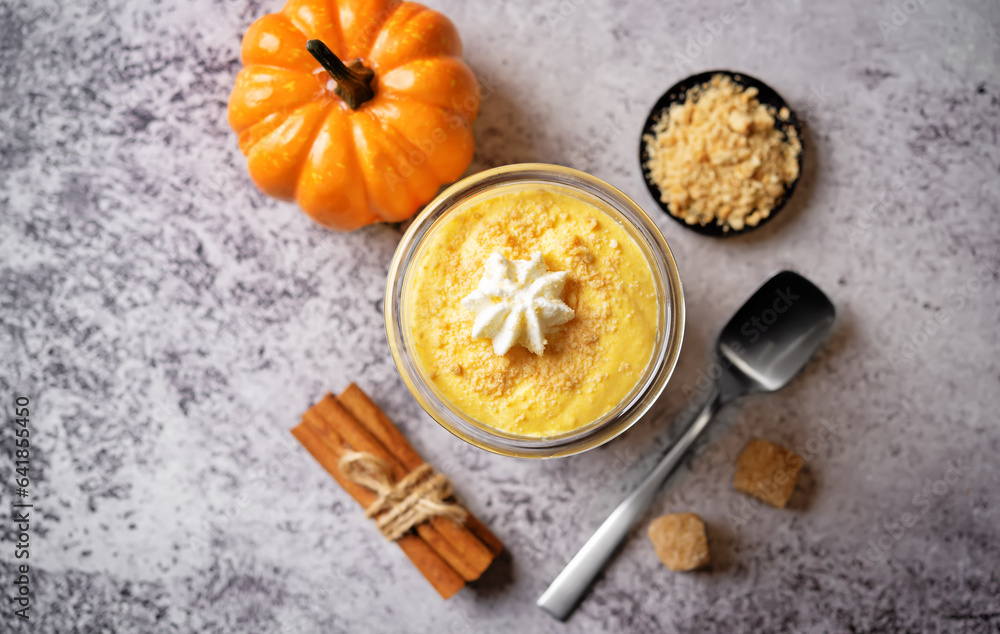 Fototapeta premium Pumpkin greek yogurt cake parfait in a glass