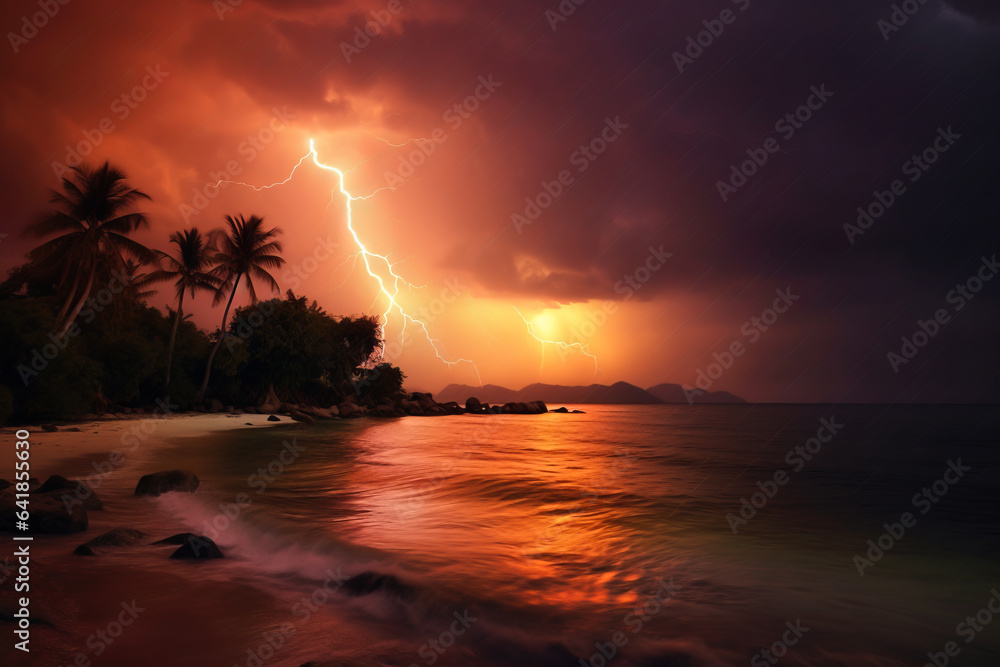 Lightning thunderstorm flash over the night sky.  Lightning storm concept over tropical island.
