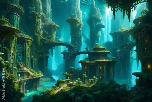 an ancient, overgrown labyrinthine city with towering ruins that have been reclaimed by nature, surrounded by cascading waterfalls and bioluminescent flora - AI Generative