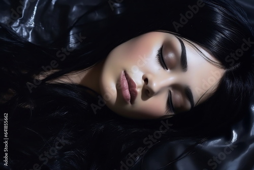 Beautiful model girl with shiny black long hair with eyes closed. Treatment, care and spa procedures for haired