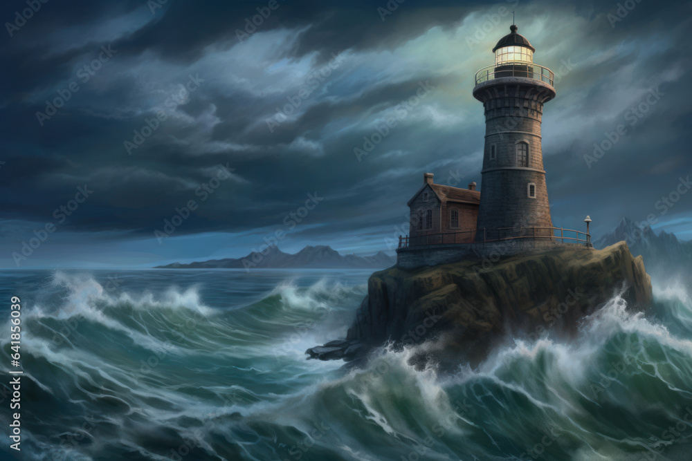 White Lighthouse in the middle of the ocean, big waves and storm around the lighthouse, dark clouds, lighthouse sunken by ocean and sea. Painting, concept art, cinematic light, illustration