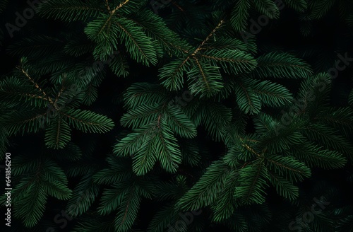 Beautiful Christmas Background with green fir tree brunch close up. Copy space, trendy moody dark toned design for seasonal quotes. Vintage December wallpaper. Natural winter holiday forest backdrop photo