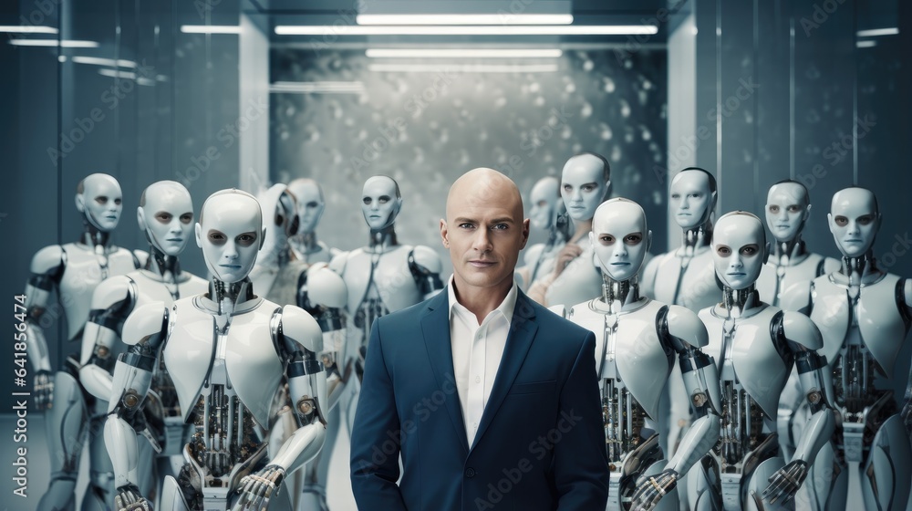 group of job seekers, both human and artificial intelligence robots, in ...