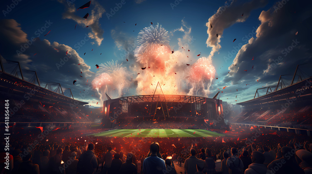 the stadium is full of cheering fans, fireworks and festive mood. AI Generated. - obrazy, fototapety, plakaty 