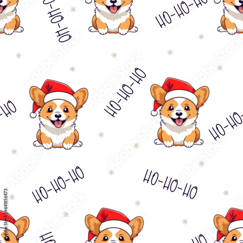 Seamless vector pattern. Christmas pattern with corgi with santa claus hat, ho-ho-ho caption, snowflakes. . Vector illustration