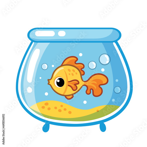 Goldfish swims in an aquarium on a white background. Vector illustration in cartoon style