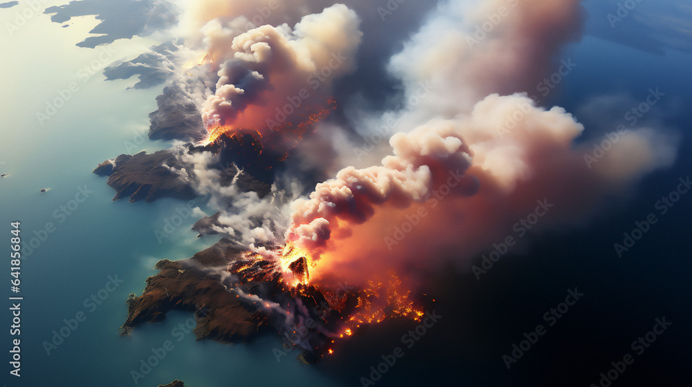 volcanic eruption on tropical island