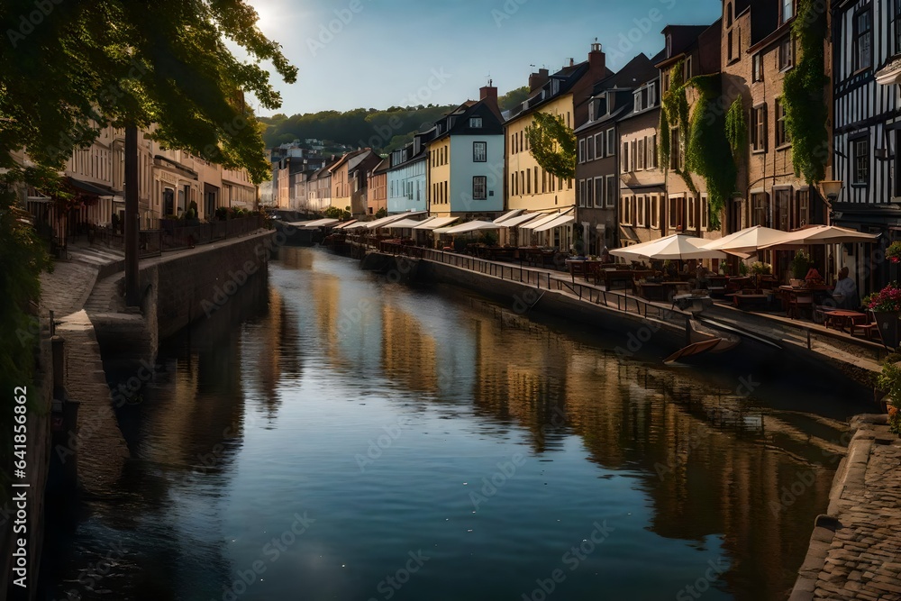 an image of a picturesque river town with cobblestone streets and charming houses - AI Generative