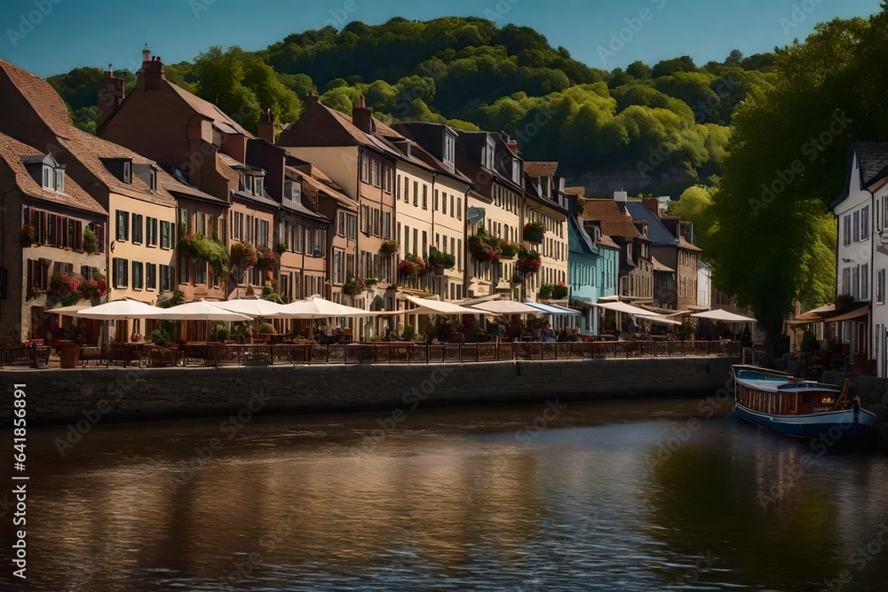an image of a picturesque river town with cobblestone streets and charming houses - AI Generative