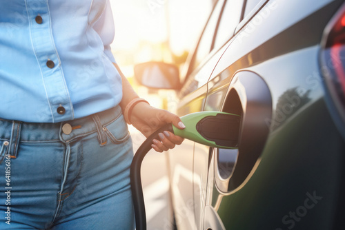 A woman charges her electric car at a charging station, a gesture of environmental responsibility with clean energy. photo