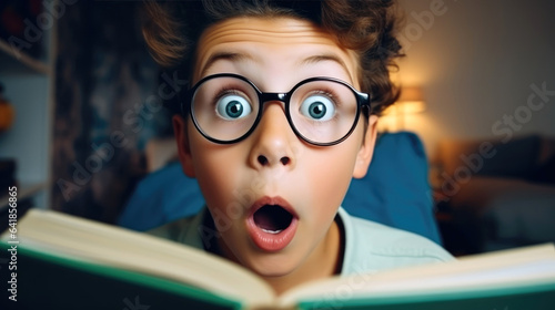Surprised boy is reading an...