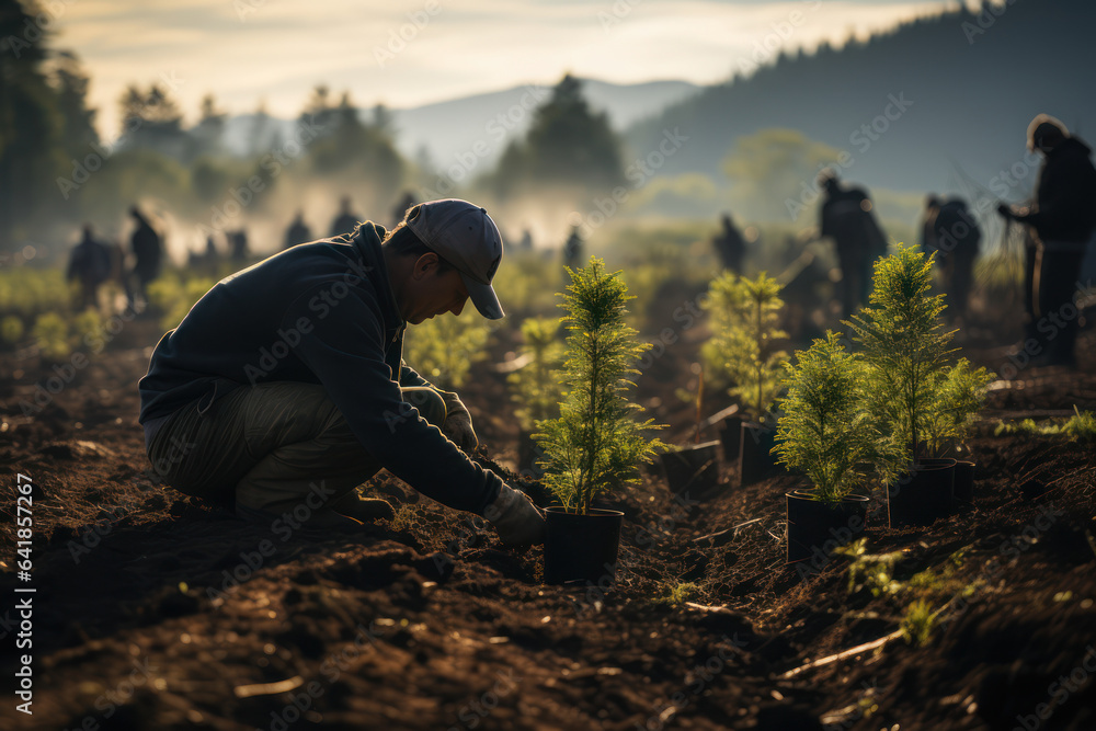 Reforestation Efforts. Volunteers planting trees in a deforested area, symbolizing the commitment to sustainable climate practices. Generative Ai. - obrazy, fototapety, plakaty 