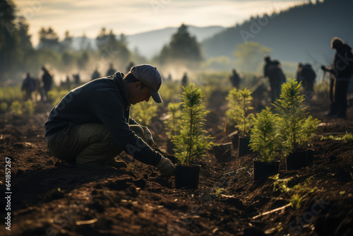 Reforestation Efforts. Volunteers planting trees in a deforested area, symbolizing the commitment to sustainable climate practices. Generative Ai.